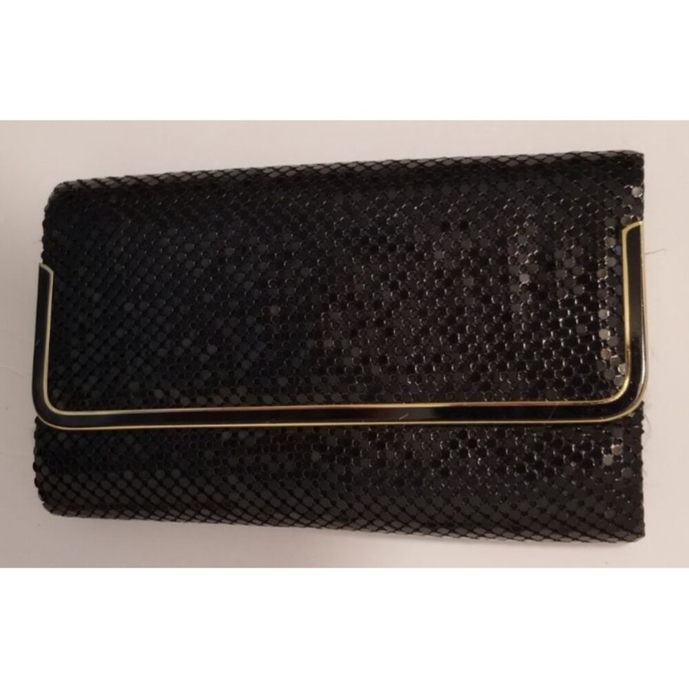 Black Crossbody or Clutch Handbag Metal Mesh Gold Accents Snap Closure Evening